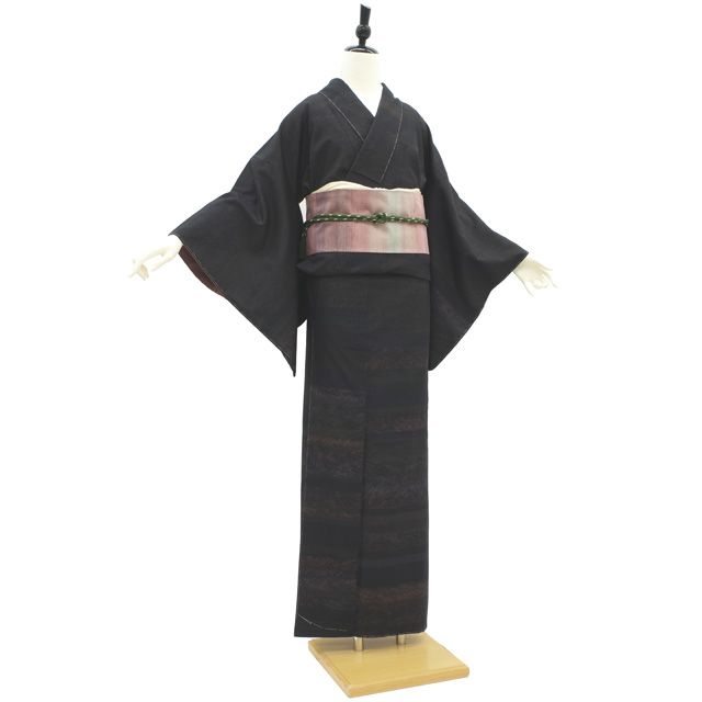 新古品】 すごい値！ 紬 訪問着 袷 着物 未使用 正絹 黒 墨流し 段霞文
