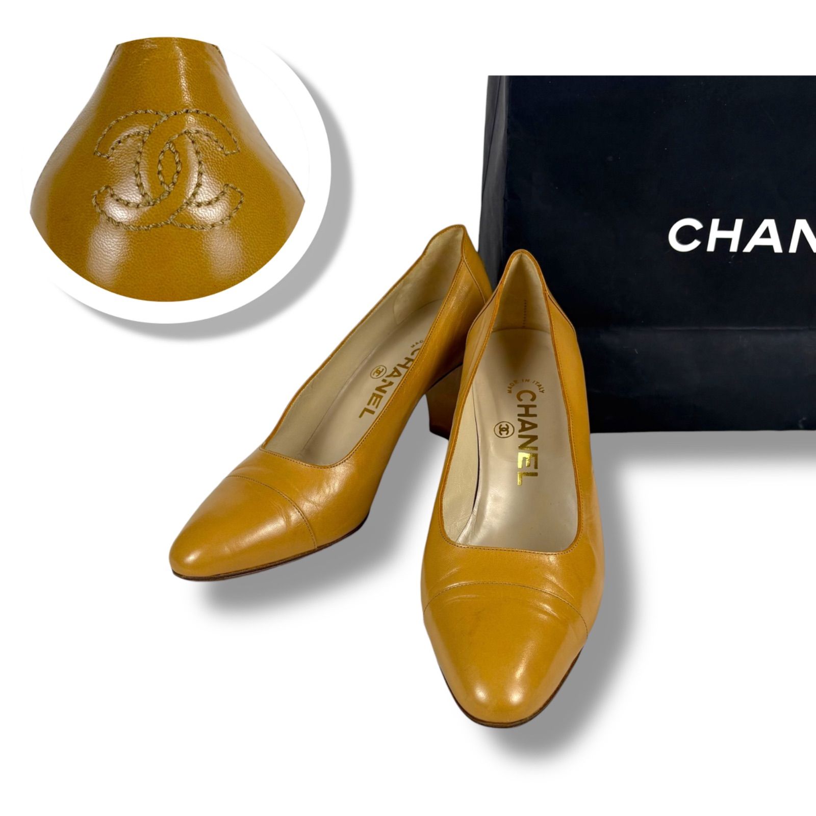 9F200/シャネル/パンプス/ココマーク/ヒール/ロゴ/レザー/ベージュ