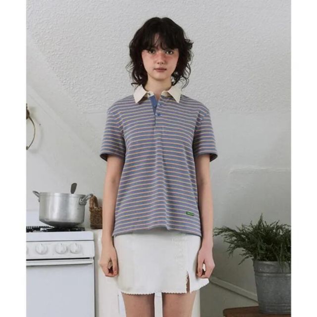 GREEN BUTTER (グリーンバター) | Stripe Polo Tee (light blue) size S/M | ストライプポロTシャツ 韓国
