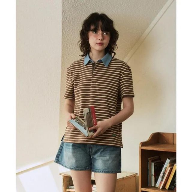 GREEN BUTTER (グリーンバター) | Stripe Polo Tee (brown) size S/M | ストライプポロTシャツ 韓国