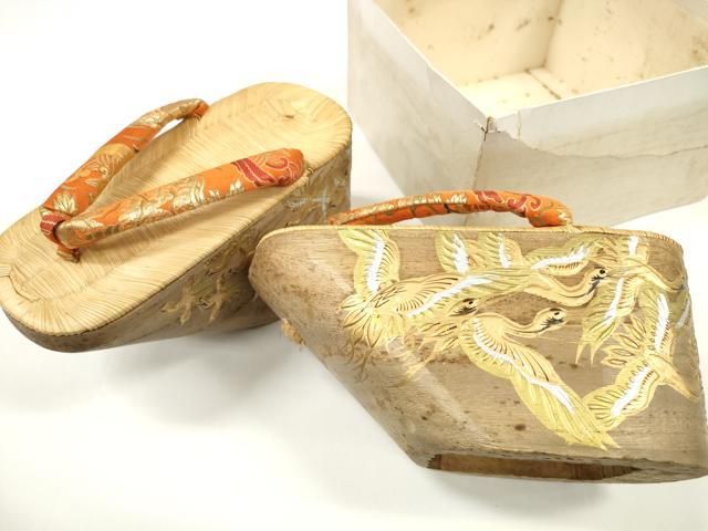 平和屋着物●和装小物 女の子 ぽっくり下駄 こっぽり・おこぼ下駄 畳表 金蒔絵 群れ鶴 逸品 DABA7926zzz