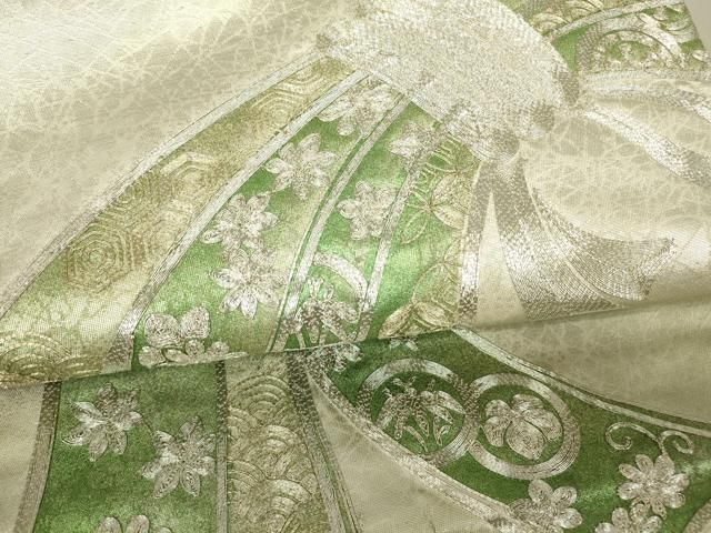 平和屋着物▽太鼓柄袋帯 駒刺繍 総刺繍 束ね熨斗吉祥花文