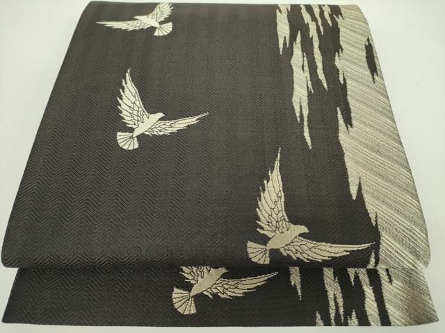 平和屋着物○染色作家 斉藤三才 両面 六通柄袋帯 三才鳥 黒地 金糸