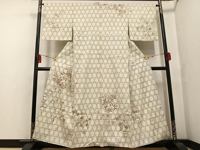 平和屋着物○本場結城紬 重要無形文化財 訪問着 手描き 100亀甲 枝花文