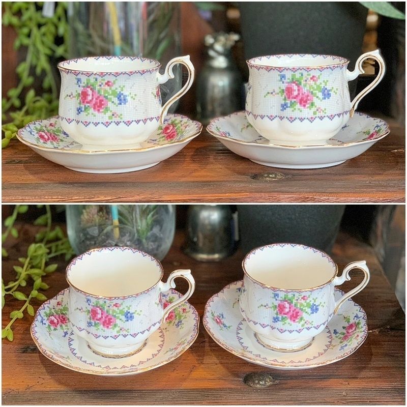 廃盤 ロイヤルアルバート プチポワン カップ＆ソーサー 2客セット ROYAL ALBERT Petit Point 778676 金彩 ドット 刺繍 花柄 オシャレ かわいい イギリス ビンテージ ボーンチャイナ RU 0223-1