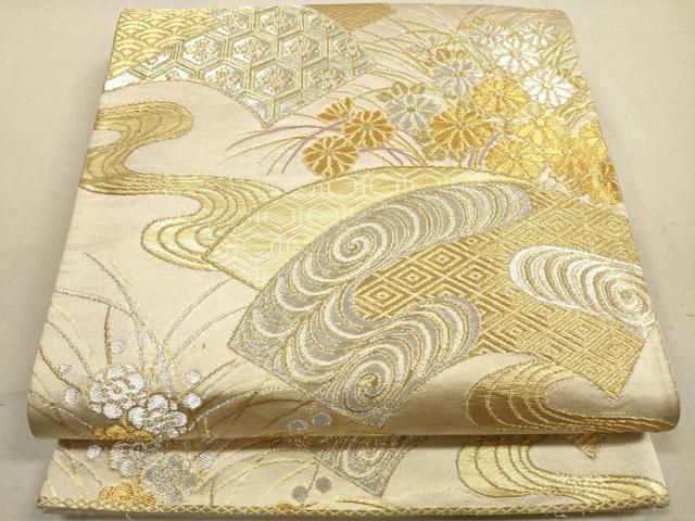 平和屋着物◎六通柄袋帯 流水草花文 金銀糸 正絹 逸品 DABA8321xg