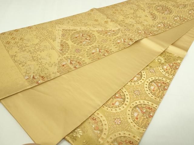 平和屋本店▽西陣 六通柄袋帯 裂取狩鞍紋 本金象嵌重ね箔 証紙付き