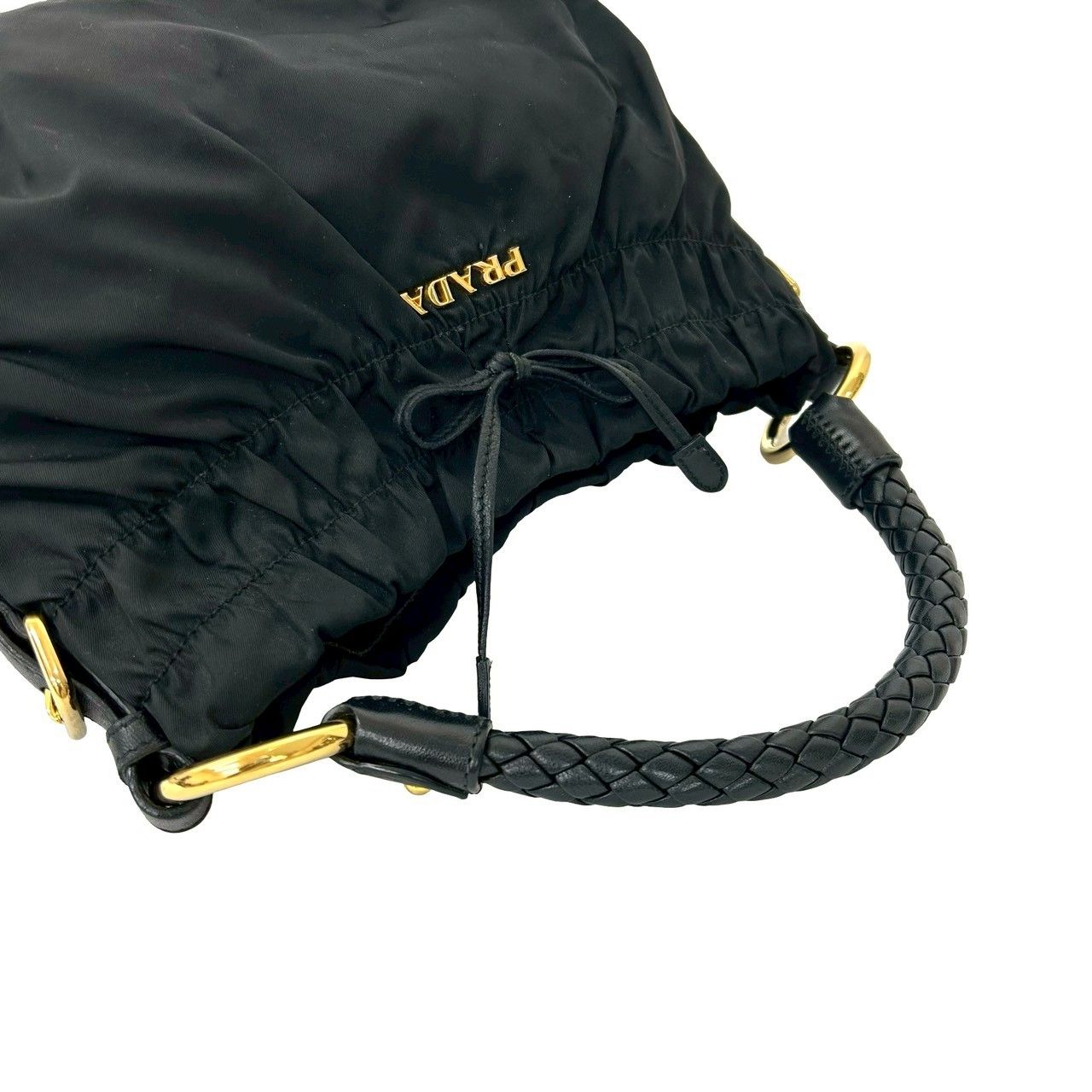 極 美品 PRADA プラダ ロゴ 金具 リボン モチーフ レザー 本革