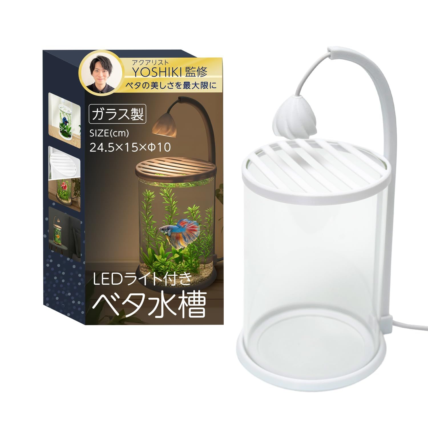アクアリスト監修】 ベタ 水槽 ガラス製 （直径10cm×高さ15cm） LED