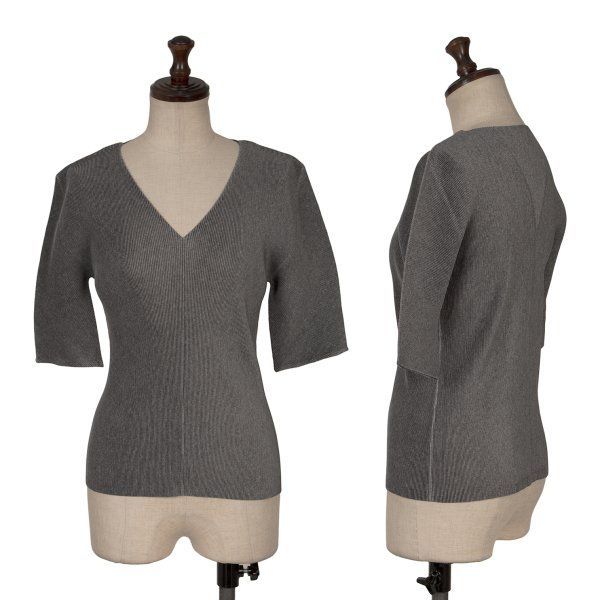 PLEATS PLEASE グレー プリーツTシャツ プリーツプリーズPLEATS PLEASE クレーププリーツVネック半袖