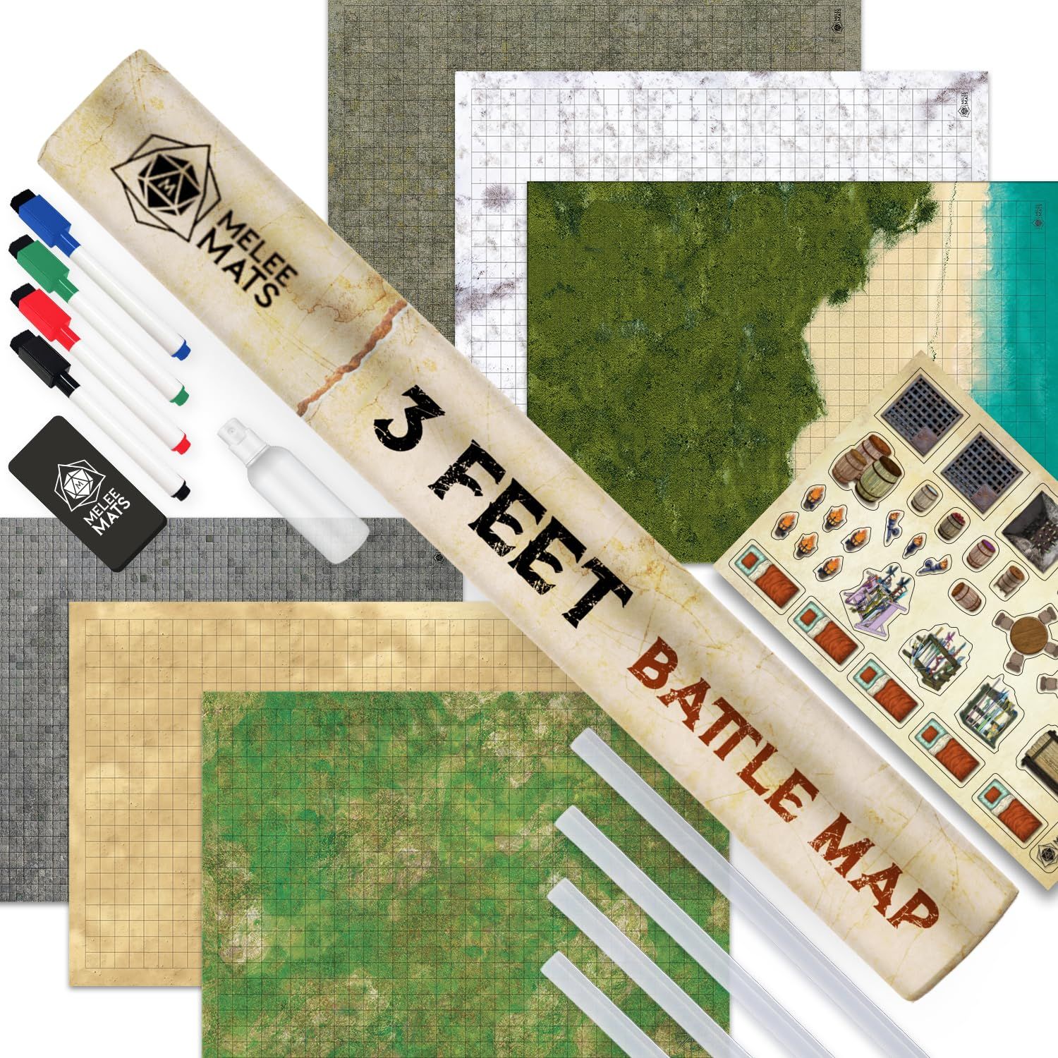 Melee Mats DNDマップスターターセット ダンジョンズとドラゴン用 - 24インチ x 36インチ 両面 ウェット-ドライイレース バトルテレイングリッド 卓上ボードゲームキット アクセサリー付き