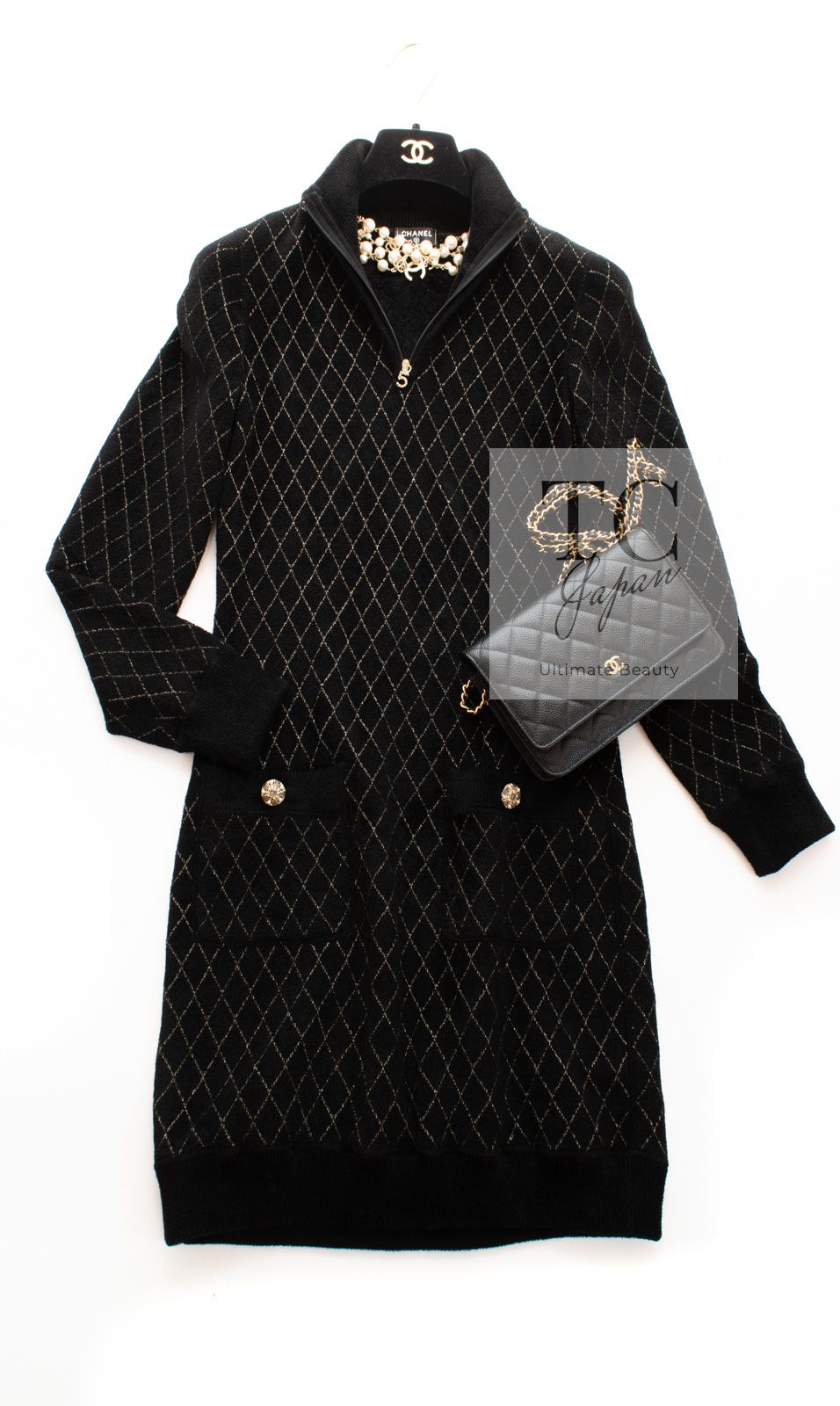 シャネル ワンピース CHANEL ブラック ゴールド No.5 ロゴ ジッパー