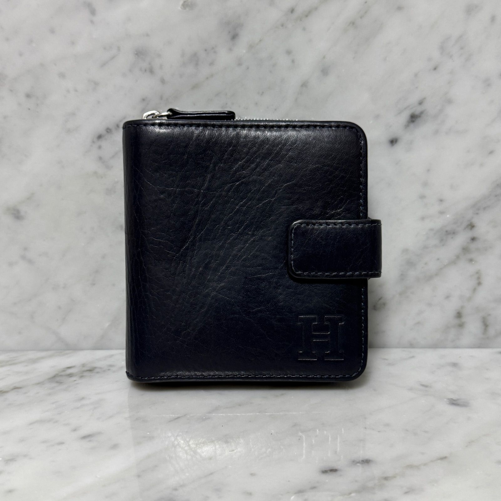 イタリア製 HIROFU ヒロフ 二つ折り財布 本革 レザー ネイビー ロゴ