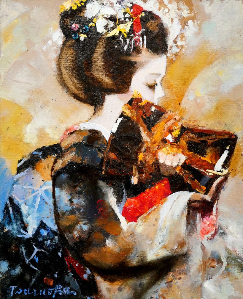 鶴岡 義雄「鼓（舞妓）」油絵・F3号 日本芸術院会員 二科会名誉理事