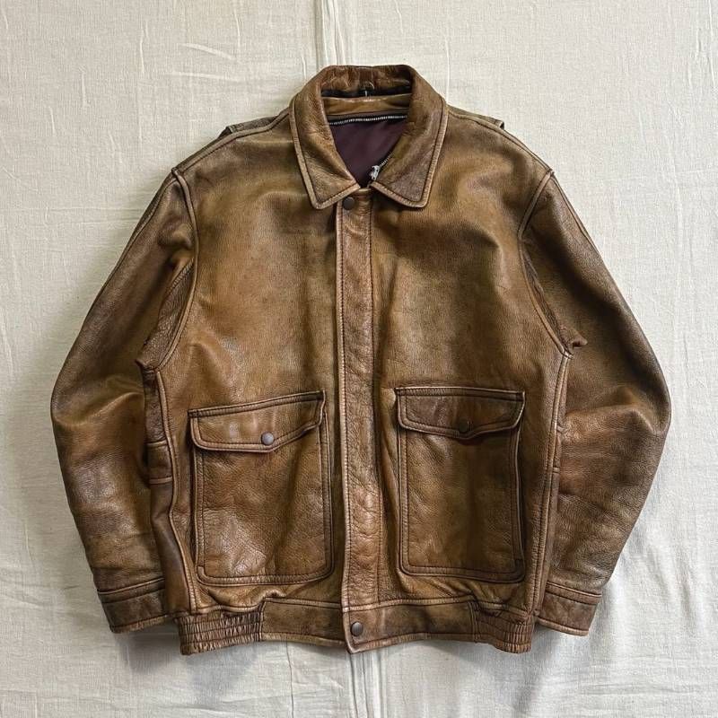 【90s vintage】レザージャケット　ブラウン　 G-1 2way 90s 90s vintage リアルブラウンレザー 本牛革 革ジャン A-2 G-1 短丈 襟