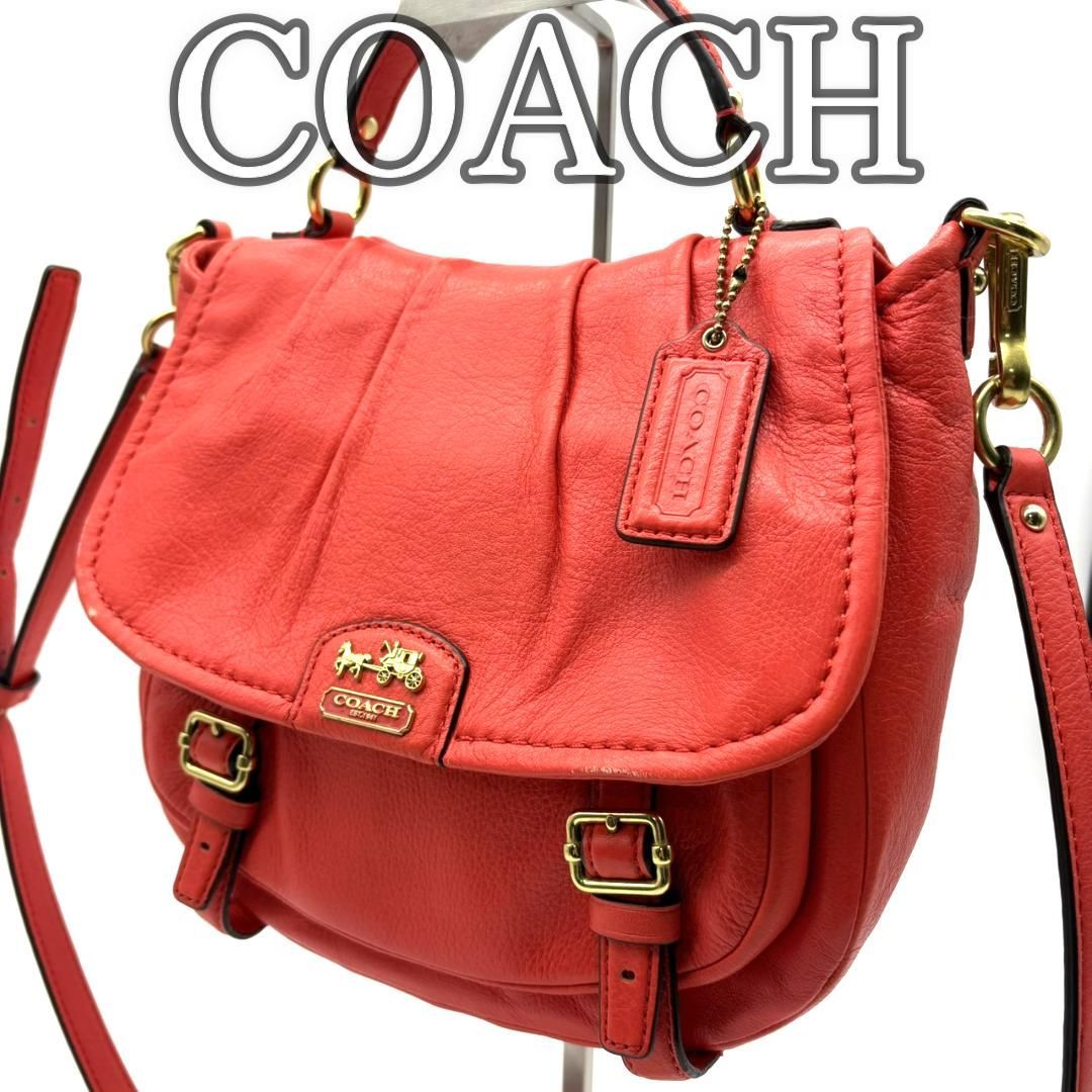 コーチ COACH 2WAY レザー ショルダーバッグ レッド 馬車ロゴ フラップ