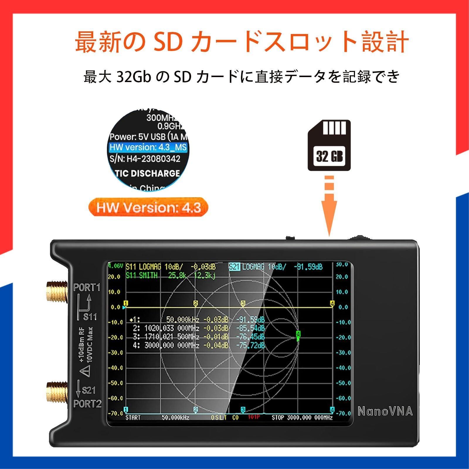 UHF VHF HF -1.5 GHz ポータブルアンテナアナライザ 4インチタッチスクリーン 脳波測定器 Sパラメータ VSWR 位相 遅延 スミスチャート測定 10 KHz ベクトルネットワークアナライザ V 4.3 NanoVNA-H 4