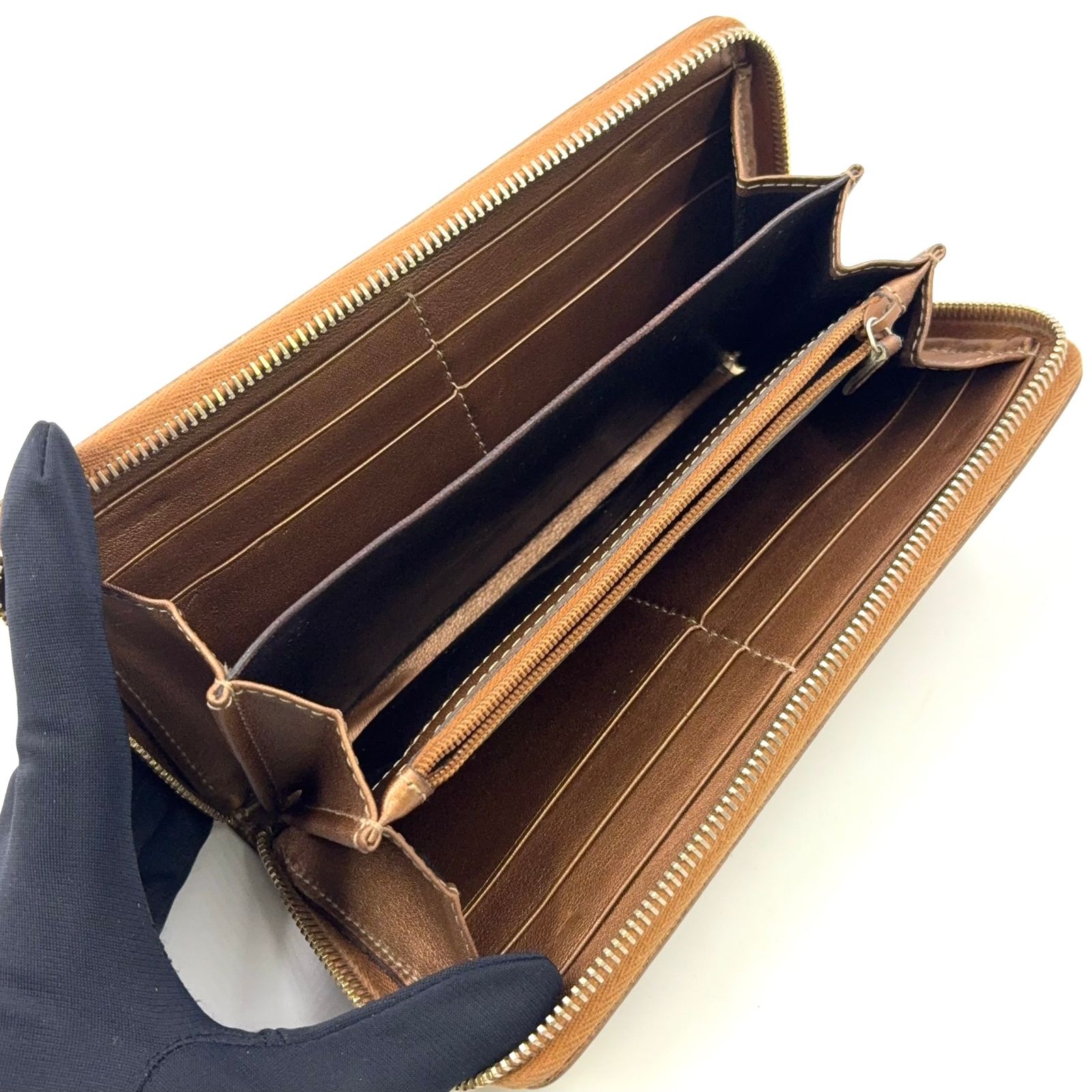 GUCCI GGキャンバス ラウンドファスナー レザー×キャンバス ベージュ