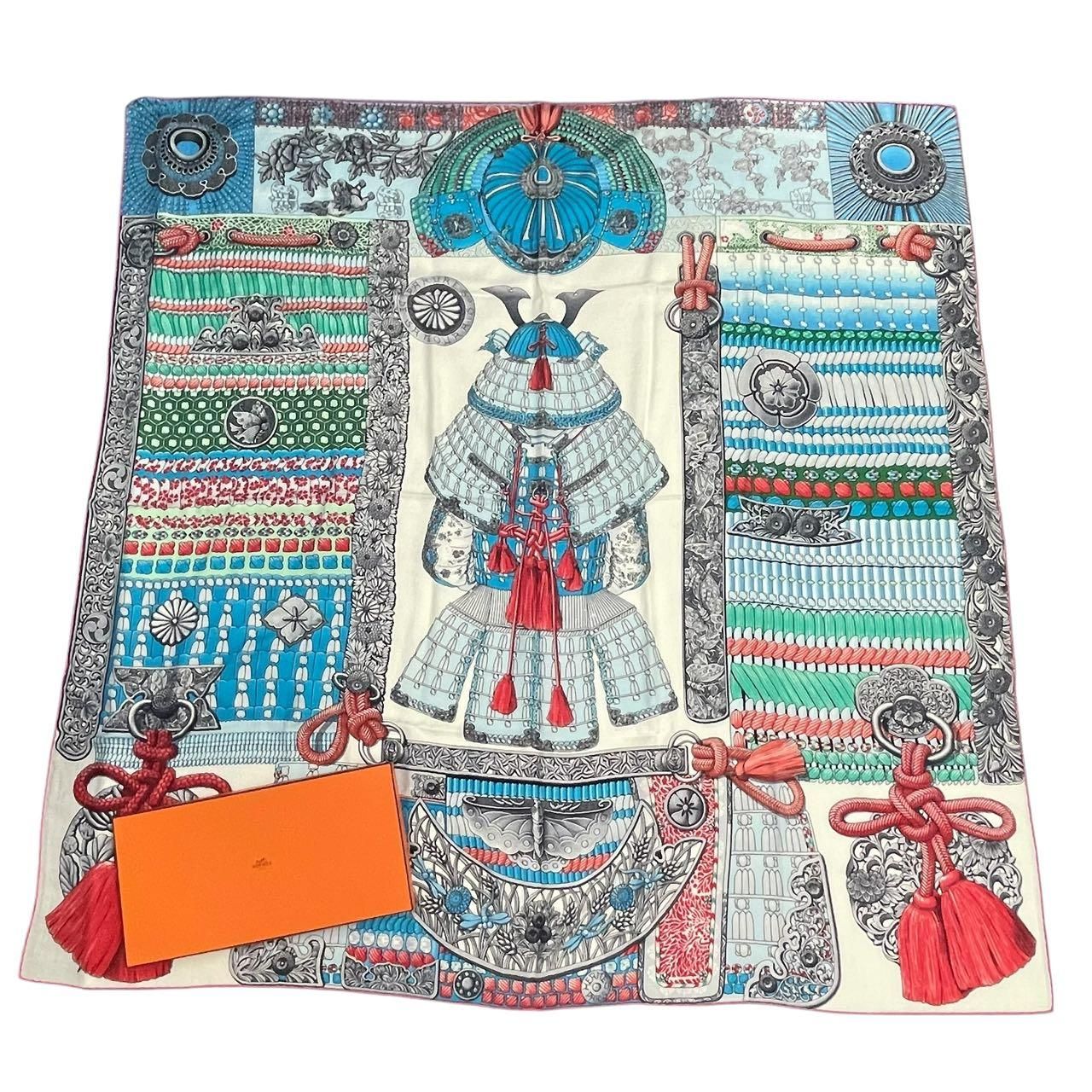 新品同様 HERMES エルメス スカーフ カシミヤ カレ140 侍の鎧兜 