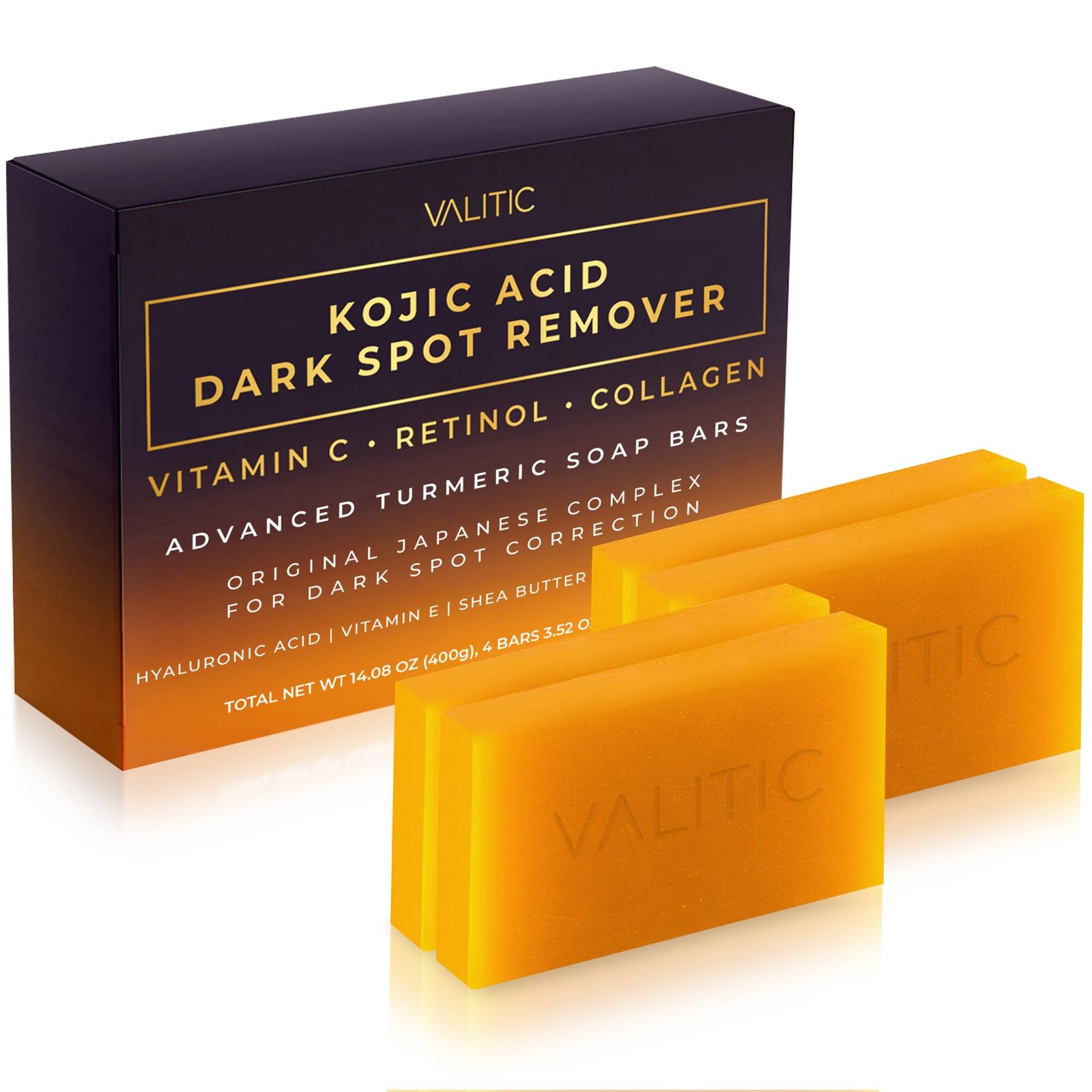 VALITIC Kojic Acid Dark Spot Remover Soap Bars with Vitamin C Retinol Collagen Turmeric Original Japanese Complex Inf Hy