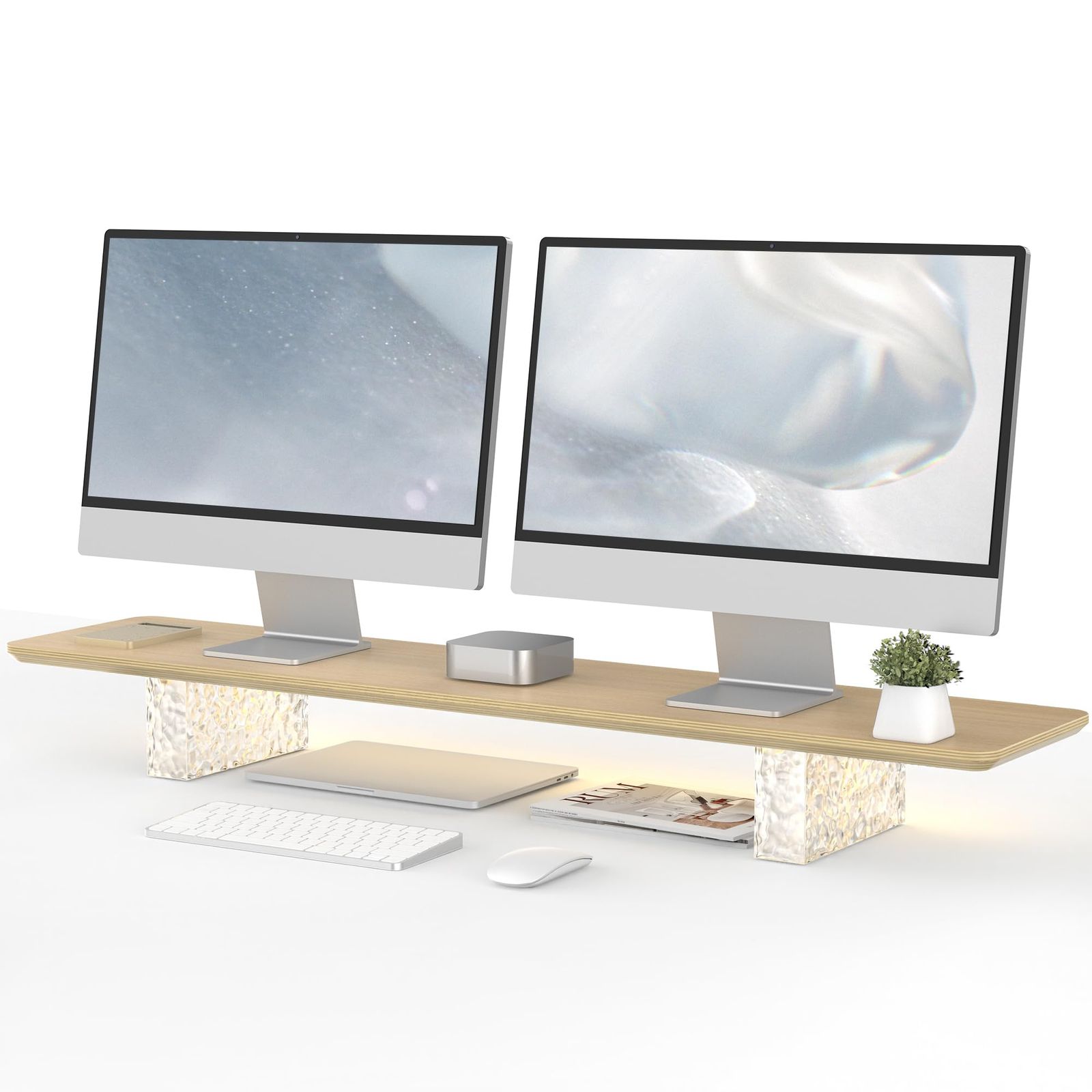 Fenge モニター台 卓上 デスクシェルフ モニタースタンド 机上台 無垢材製 テープライト付き パソコン台 机上ラック 108 cm横幅木製天板 ガラス製レンガ脚 デスクトップ用 机上 pcモニター台 パソコンラック 卓上収納 整理整頓 オーク