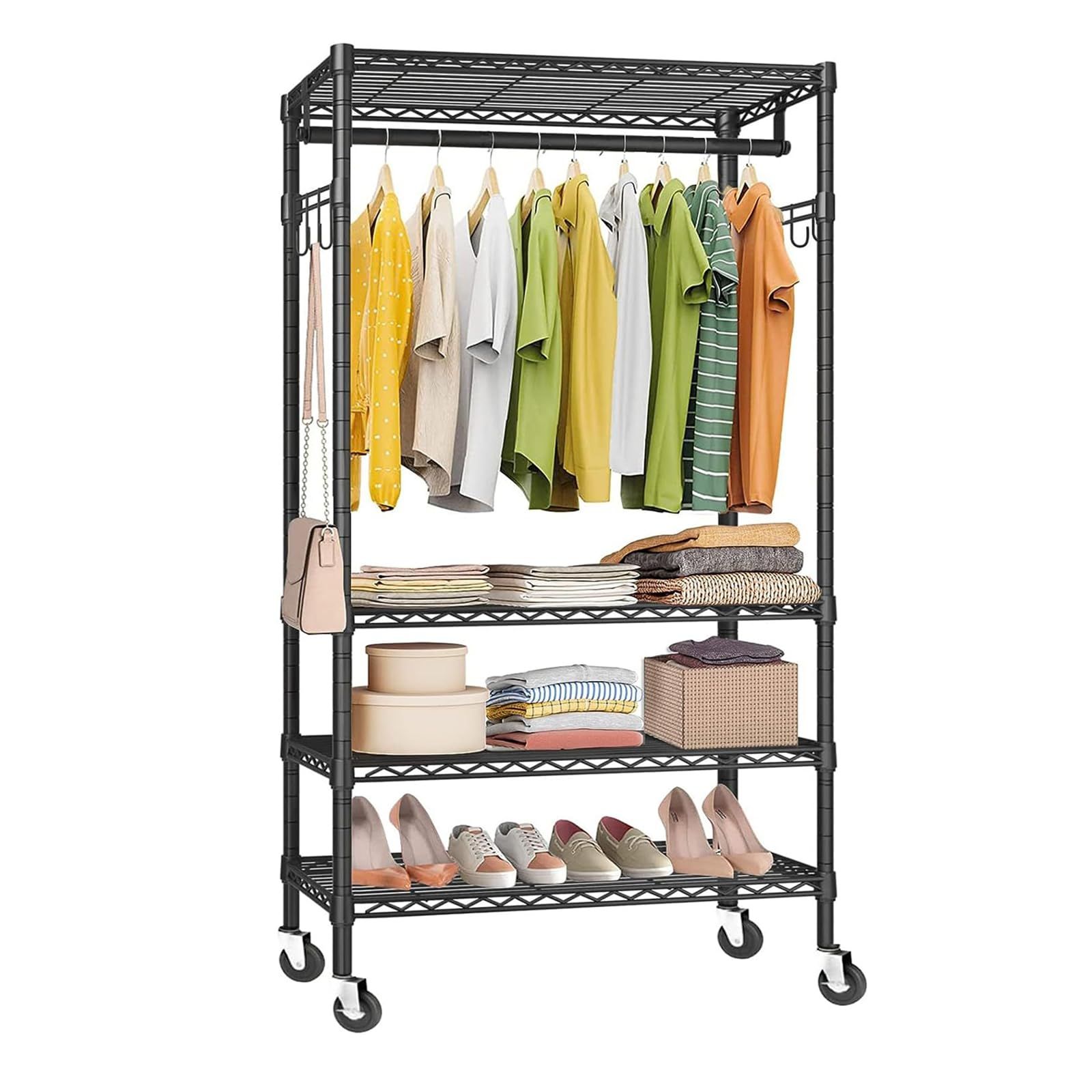 Fainyearn メタルラック ワードローブ ハンガーラック スチールラック 洋服掛け 衣類収納用 メタル製ラック 高さ調節 棚3段 90 cm×奥行45 cm×高さ180 cm