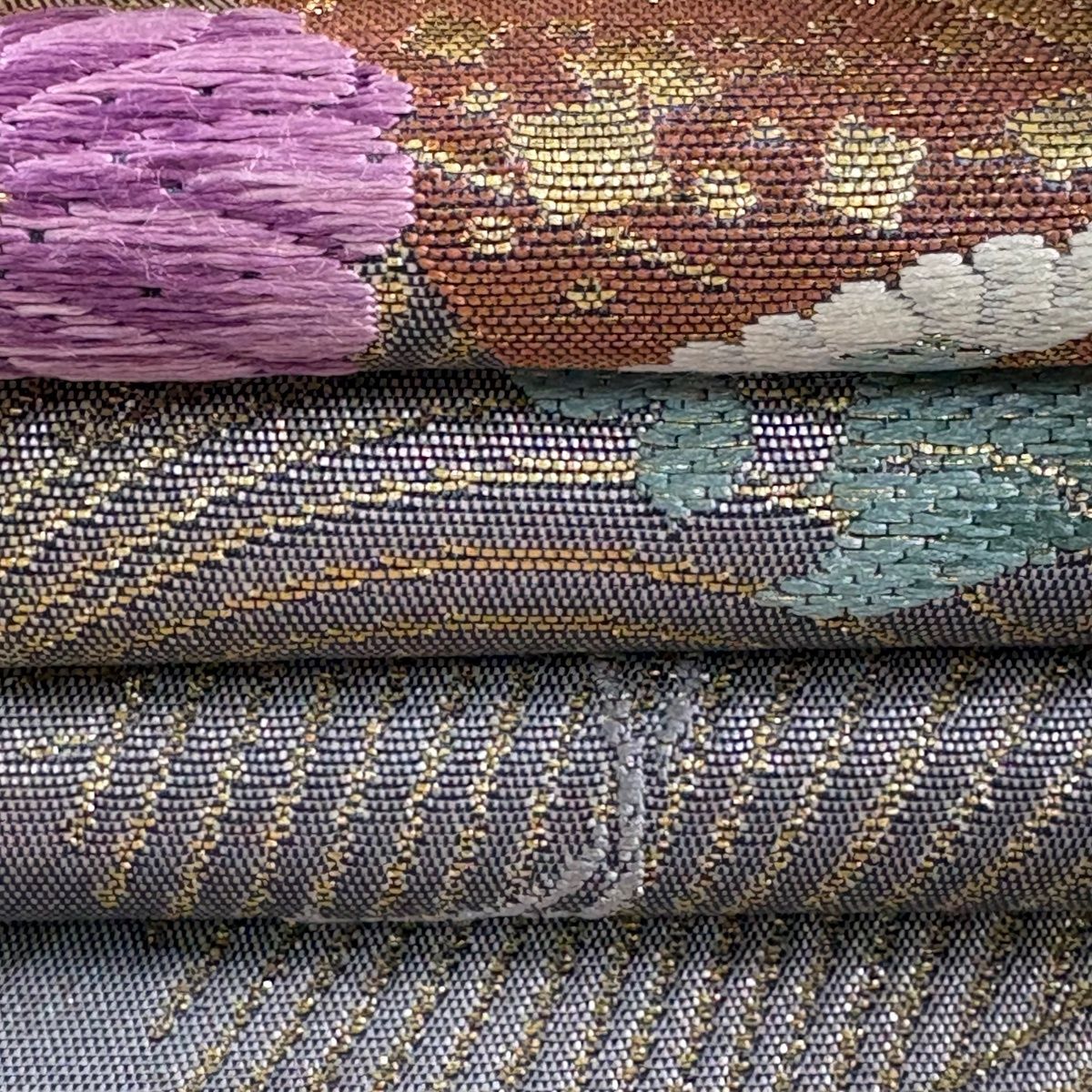 袋帯 逸品 じゅらく 落款 じゅらく帝王紫 菊 鶴 金糸 箔 金茶 お太鼓柄