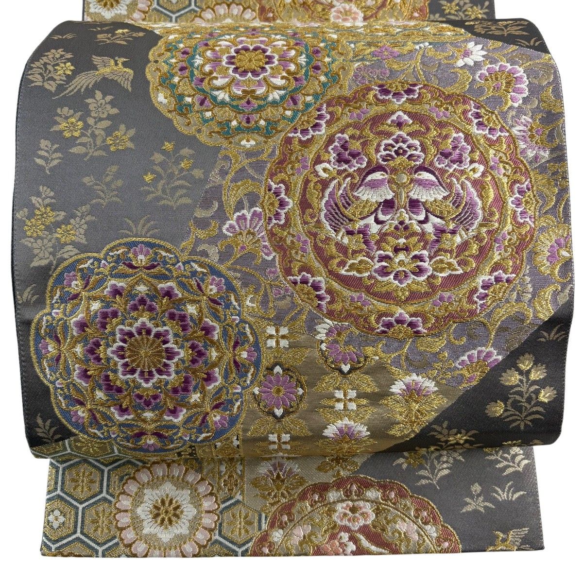 美品】 袋帯 逸品 じゅらく 落款 じゅらく帝王紫 向かい鳥 華文 金糸