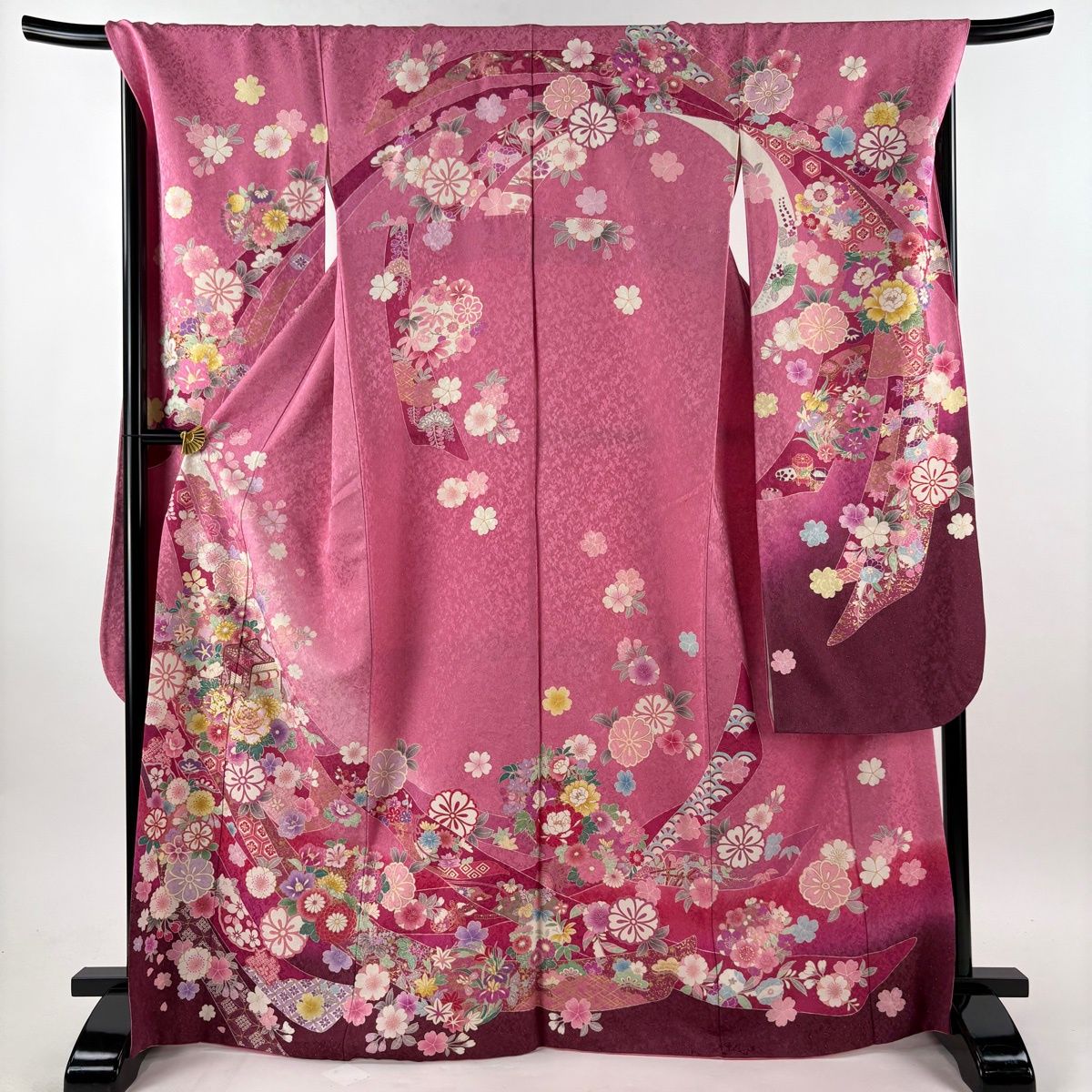 振袖 身丈168.5cm 裄丈70.5cm L 袷 御所車 桜 金糸 金通し ピンク 正絹