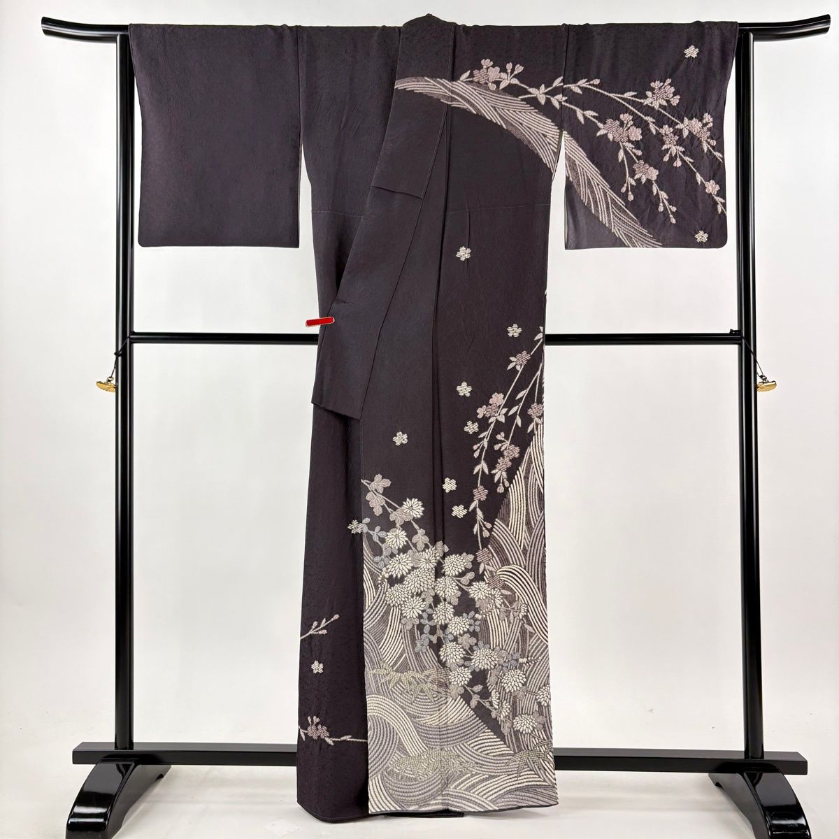 訪問着 身丈163cm 裄丈69cm L 袷 菊 桜 絞り 金銀糸 灰紫 正絹 逸品