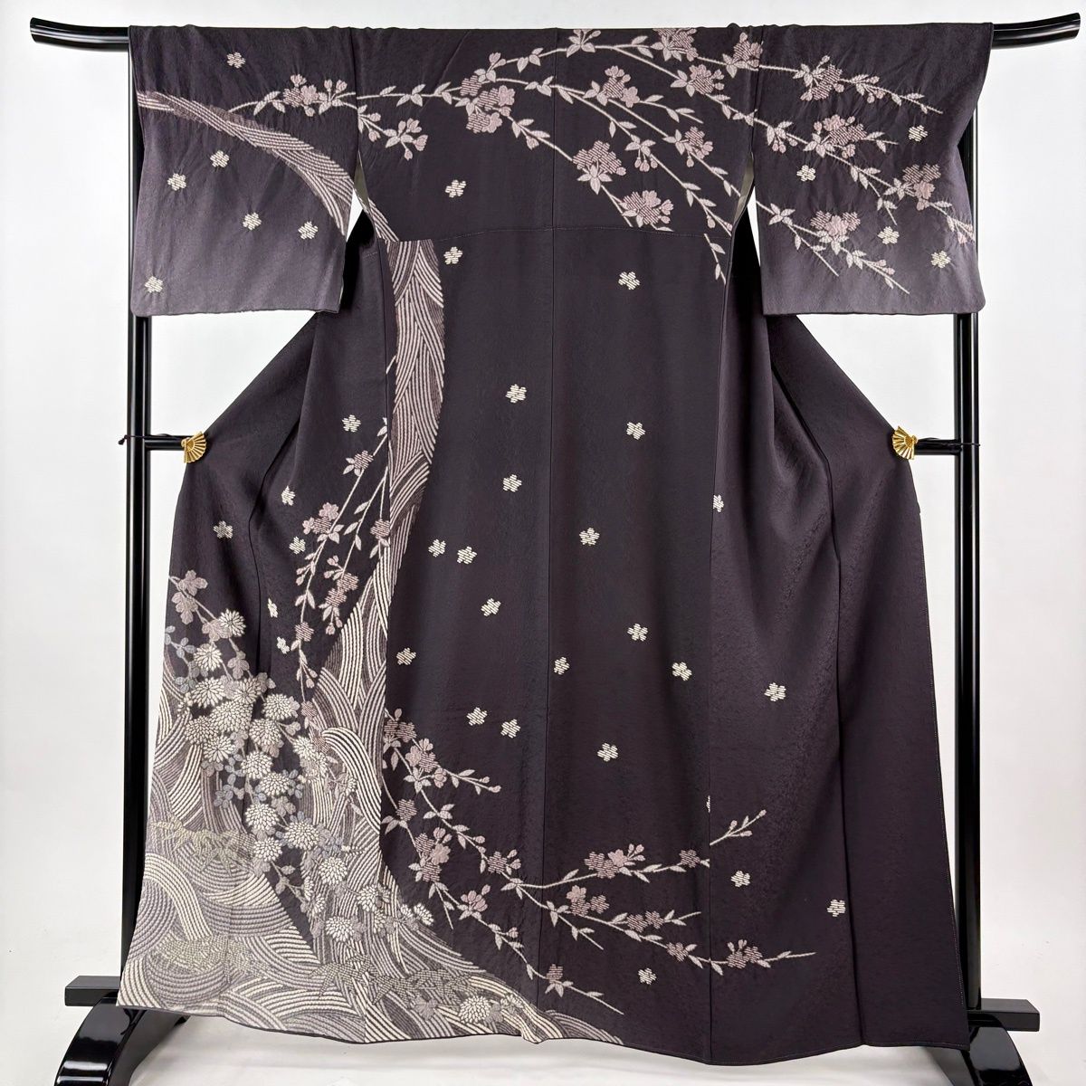 訪問着 身丈163cm 裄丈69cm L 袷 菊 桜 絞り 金銀糸 灰紫 正絹 逸品