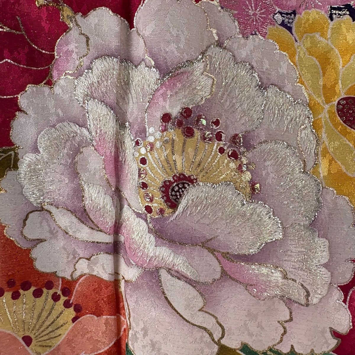 振袖 身丈163cm 裄丈65.5cm M 袷 牡丹 桜 銀通し 箔 濃紫 正絹 逸品