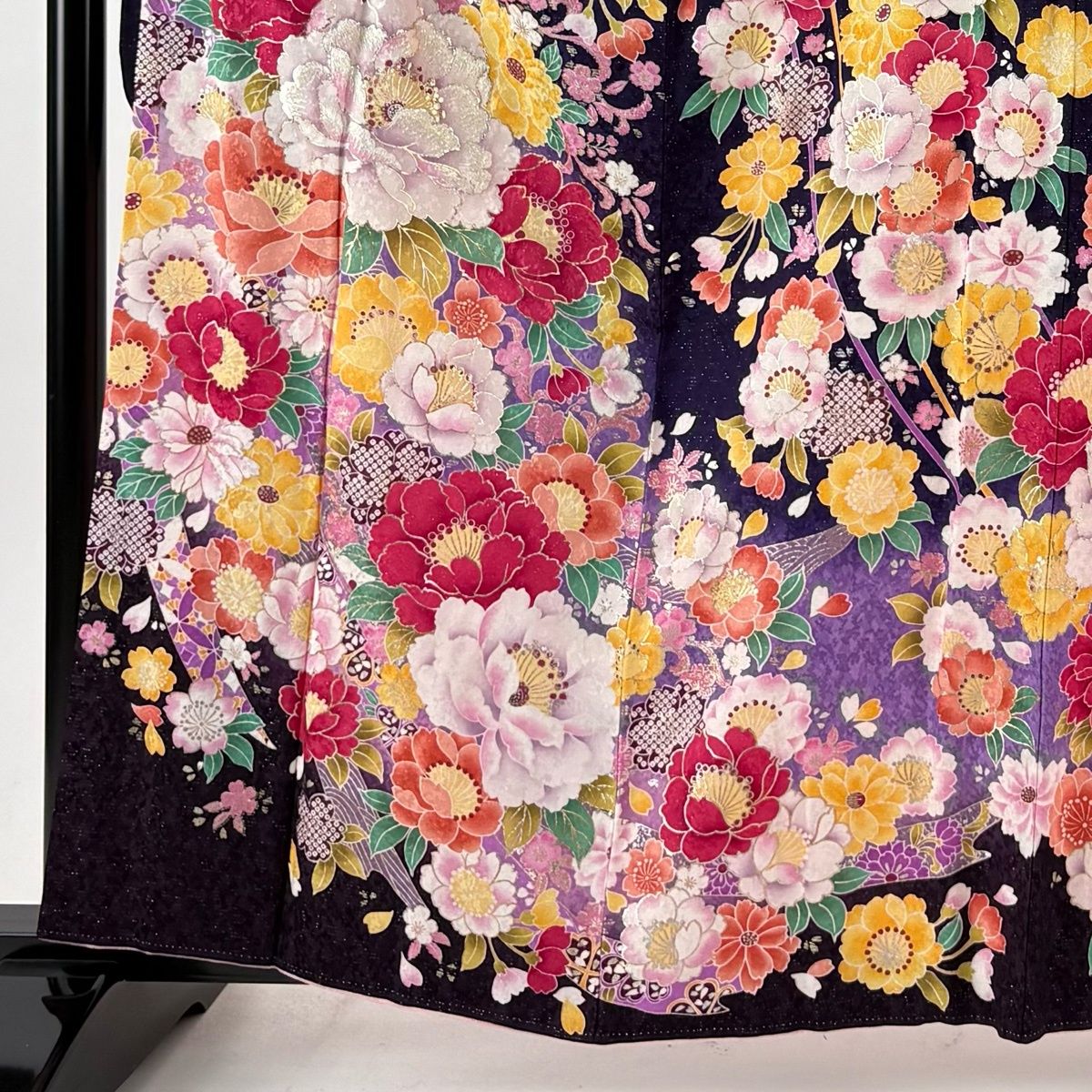 振袖 身丈163cm 裄丈65.5cm M 袷 牡丹 桜 銀通し 箔 濃紫 正絹 逸品