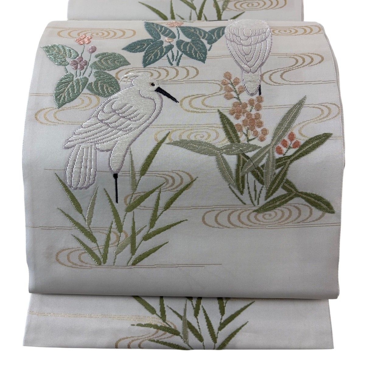 袋帯 逸品 落款 山口成三郎謹織 白鷺水辺の草花文 箔 薄緑 お太鼓柄