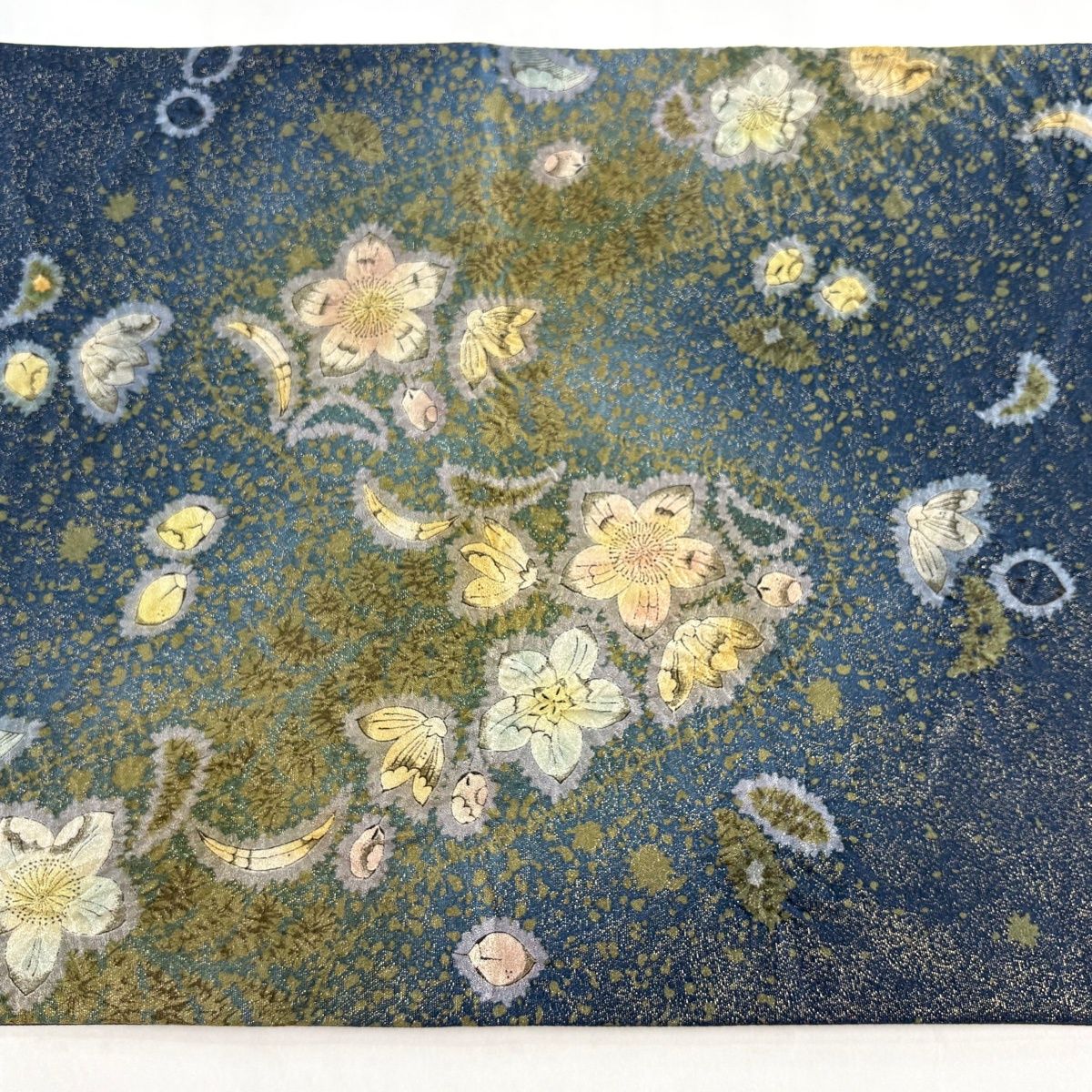 美品】 袋帯 逸品 吉乃一廉 落款 辻が花 銀通し 紺色 お太鼓柄 正絹 