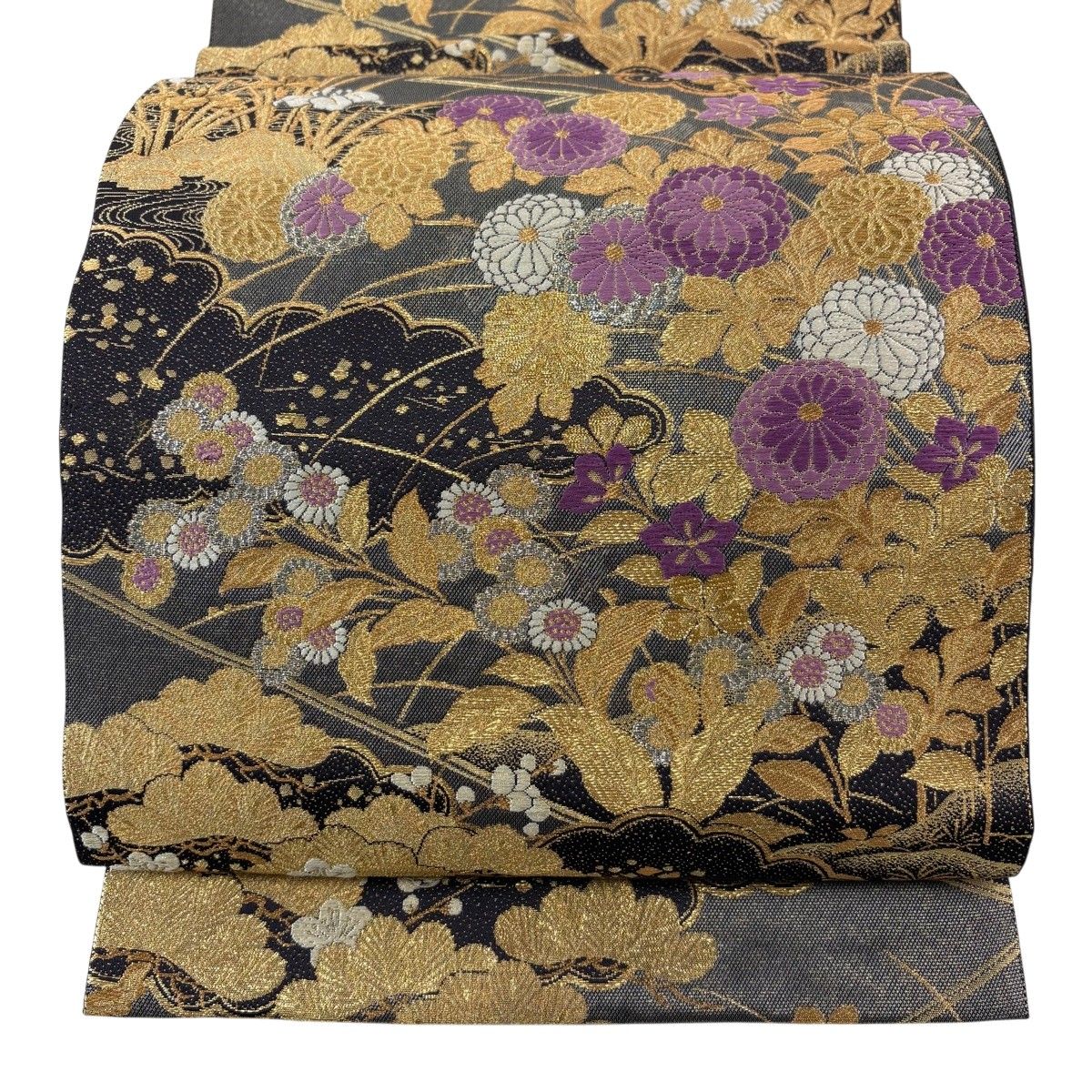 美品】 袋帯 逸品 帝王紫 落款 じゅらく 菊 松秋草蒔絵文 刺繍 金糸