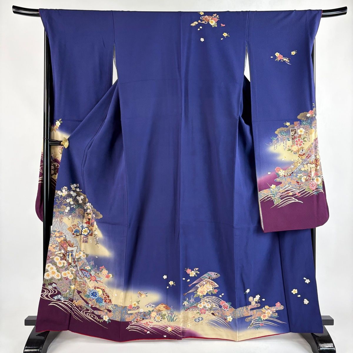 振袖 身丈164.5cm 裄丈69cm L 袷 御所車 草花 金糸 刺繍 紺色 正絹 秀