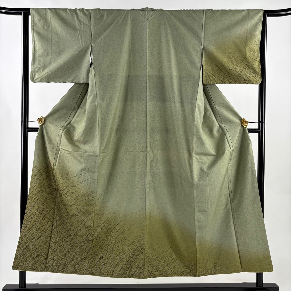 付下げ 身丈152cm 裄丈64cm M 袷 紬地 葉柄 染め分け ぼかし 灰緑 正絹