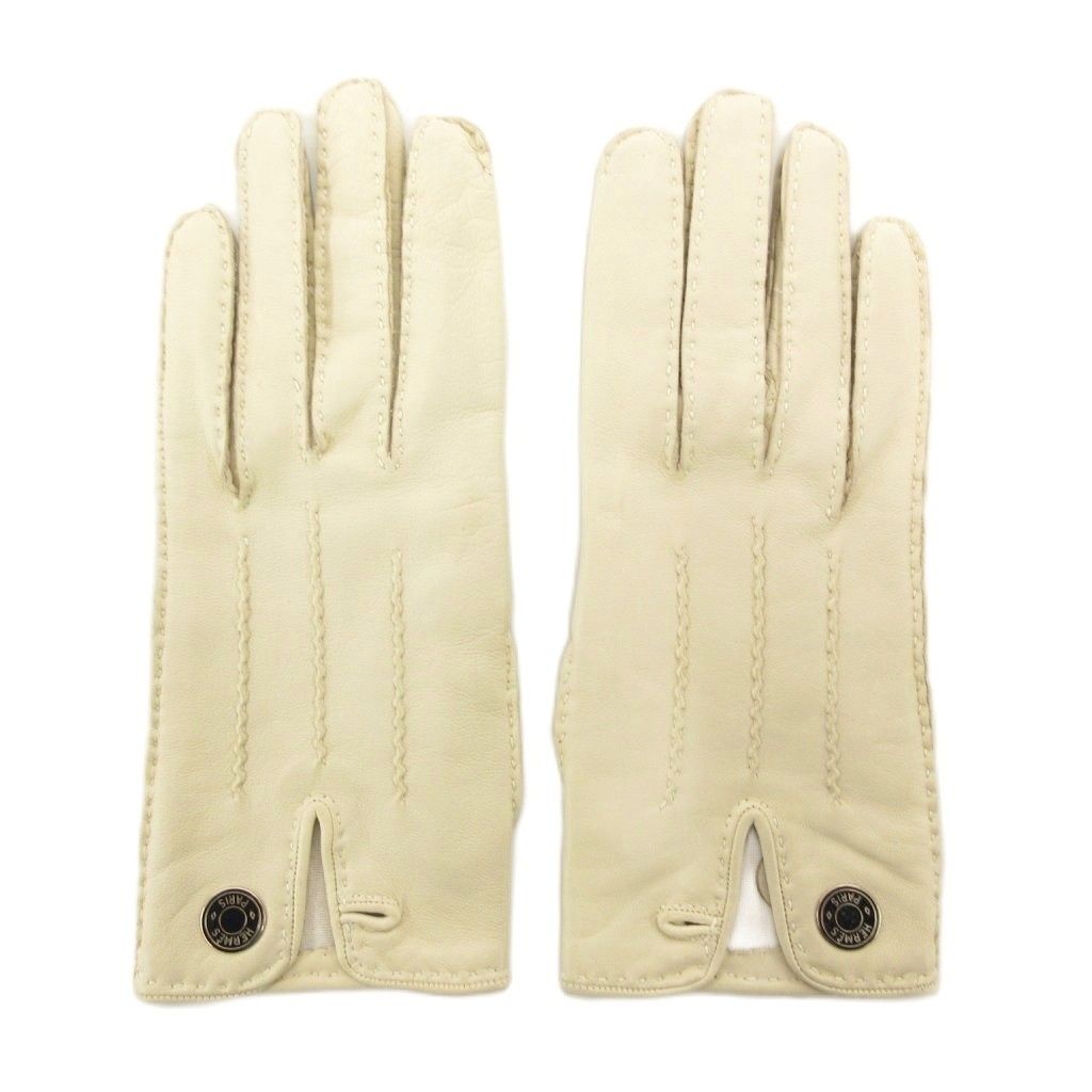 エルメス HERMES レザーグローブ 手袋 セリエボタン 6.5 白 ホワイト