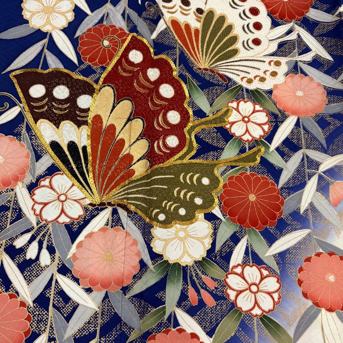 振袖 身丈162cm 裄丈62cm S 袷 枝垂れ桜 蝶 金糸 金彩 紺色 正絹 秀品