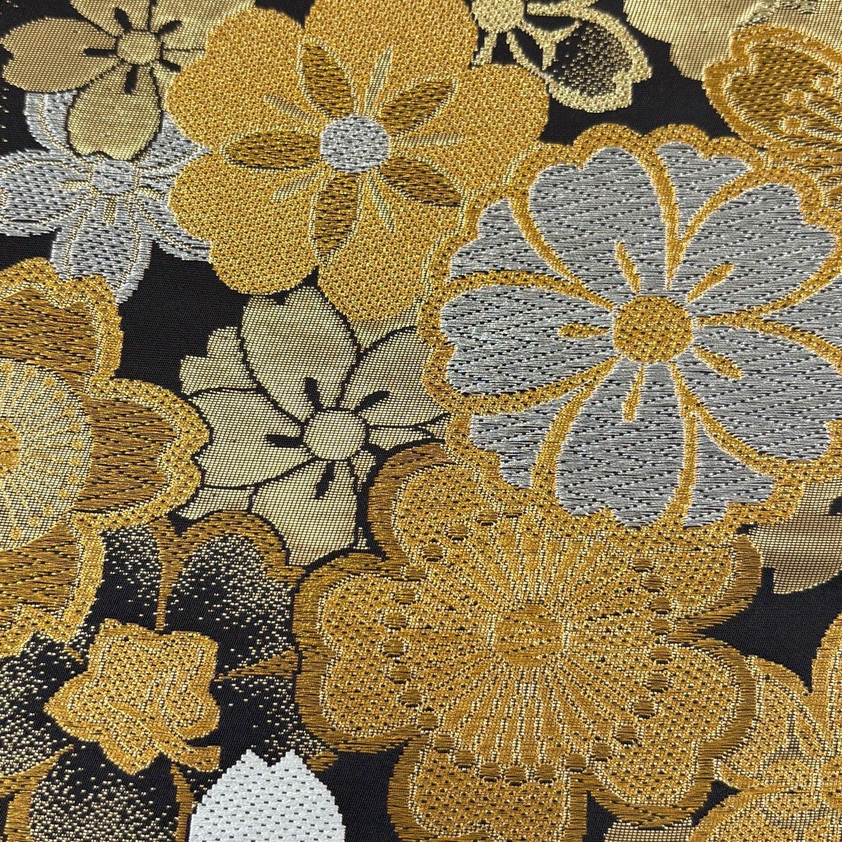 袋帯　振袖　ビロード　大輪花　金銀糸　シルバー　正絹　　　#1114 袋帯 振袖 ビロード 大輪花 金銀糸 シルバー 正絹 #1114