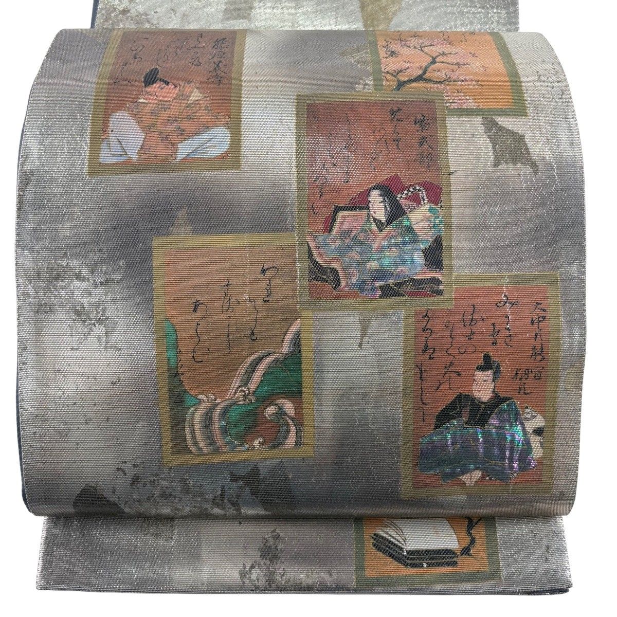 袋帯 秀品 百人一首 かるた 螺鈿箔 金彩 銀色 お太鼓柄 正絹 【中古