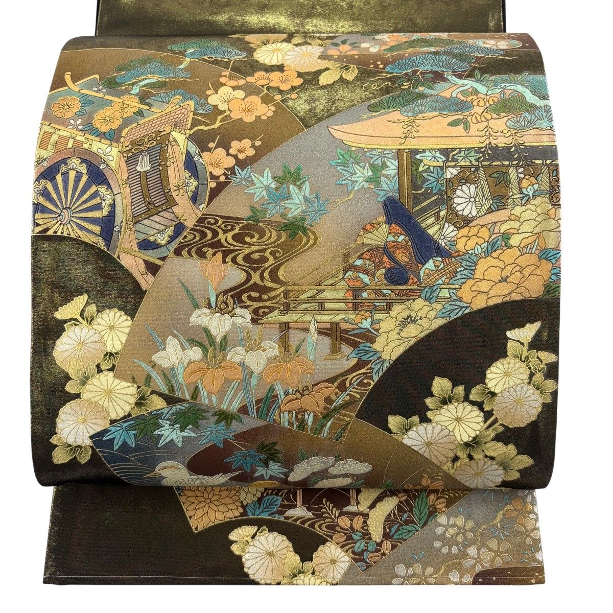 美品】 袋帯 秀品 扇面 草花 箔 金彩 金茶 お太鼓柄 正絹 【中古