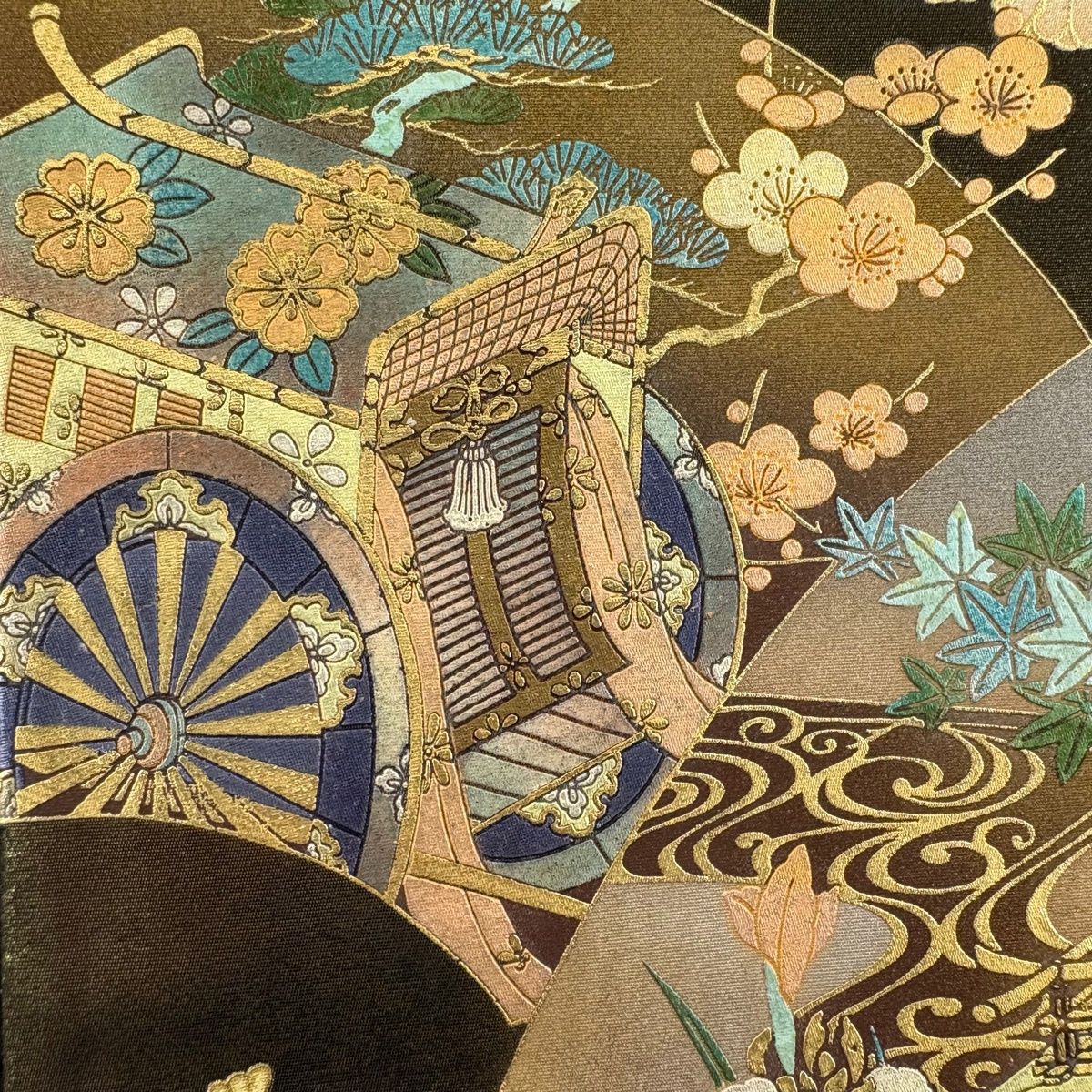 美品 扇 華文様 鴛鴦 金 笹 正絹 袋帯 二重太鼓 作り帯 美品 橋 笹 牡丹の花 花菖蒲 正絹 袋帯 二重太鼓 - メルカリ