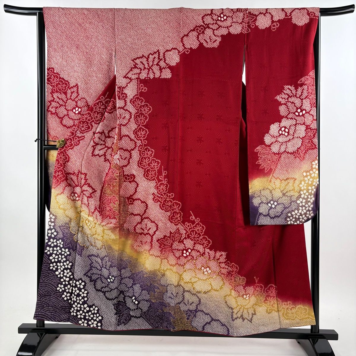 美品】 振袖 身丈156cm 裄丈65cm M 袷 袋帯フルセット 鈴乃屋 牡丹 梅
