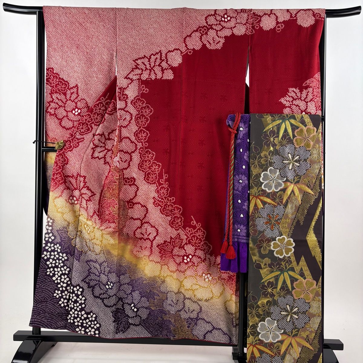 美品】 振袖 身丈156cm 裄丈65cm M 袷 袋帯フルセット 鈴乃屋 牡丹 梅