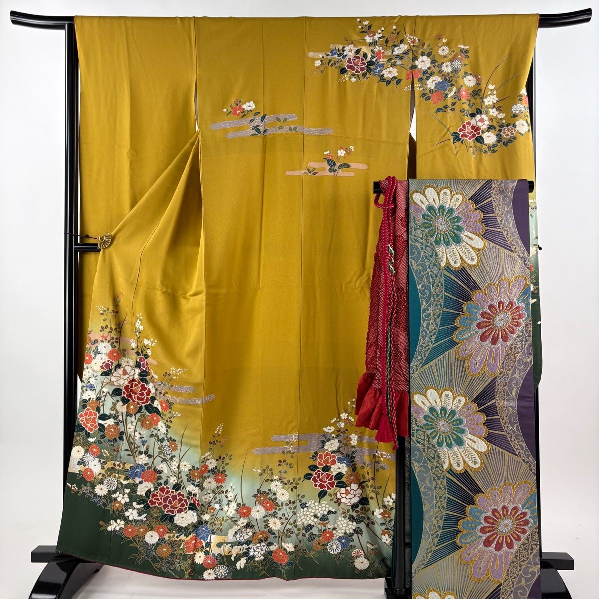 美品】 振袖 身丈160cm 裄丈66cm M 袷 袋帯フルセット 鈴乃屋 草花 ヱ