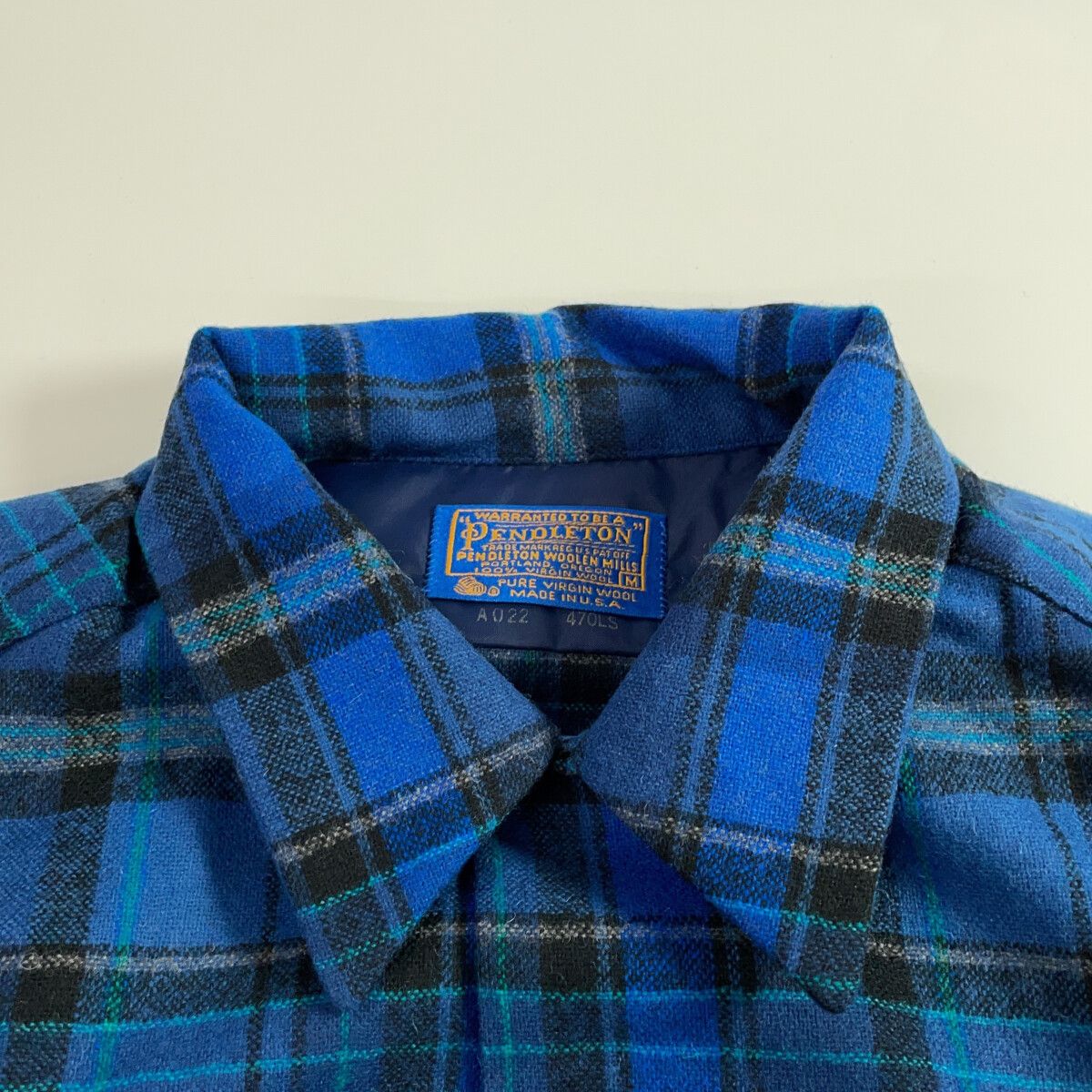 PENDLETON ペンドルトン 70s USA製 ﾌﾞﾙｰ ﾊﾞｰｼﾞﾝｳｰﾙ100 ﾁｪｯｸ ﾎﾞｰﾄﾞｼｬﾂ M