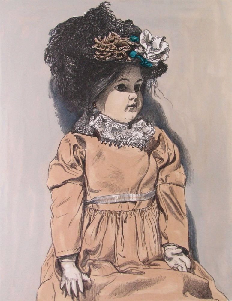 真作 小松崎邦雄作 「赤いドレスの人形」 版画 6号 139/150 本人直筆