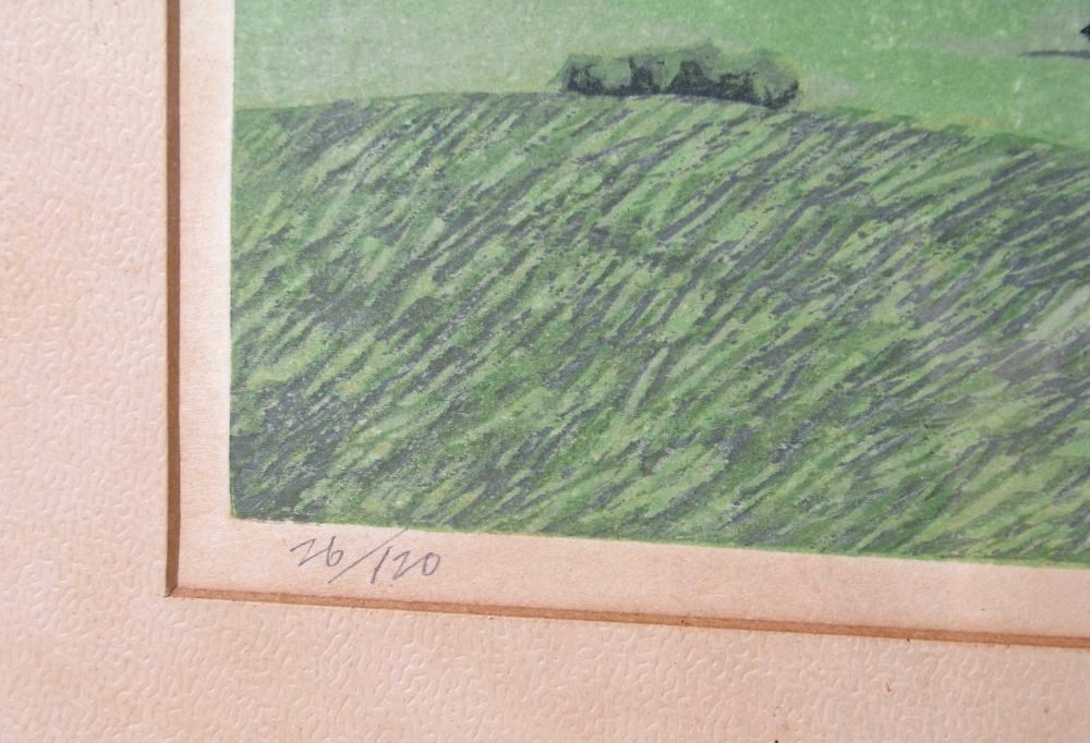 真作 北岡文雄作 「阿蘇高原」 木版画 10号 26/120 本人直筆サイン有り